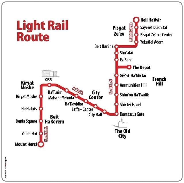 Mapa stacji tramwajowych w Jerozolimie